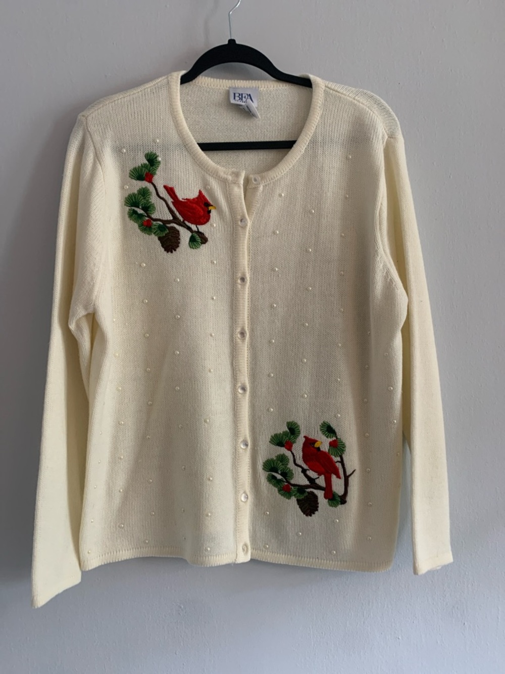 BFA CLASSICS Cream Embroidered Cardinal Pearl-Detail Cardigan